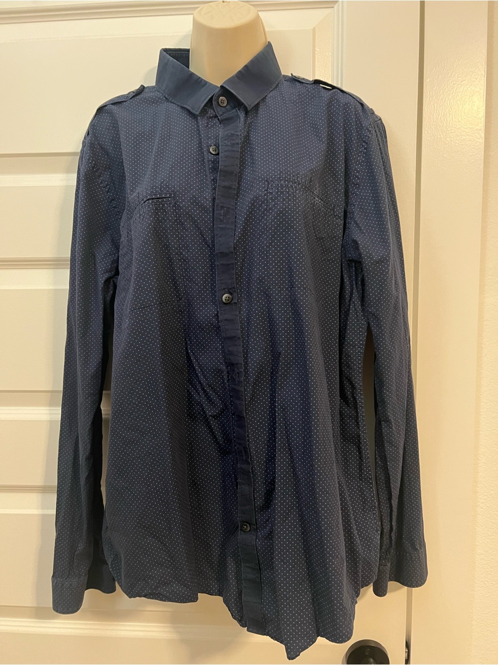 Express Navy Button-Up Shirt with Light Blue Dot Pattern
